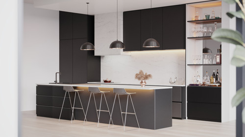 Beautiful Dark Gray KItchen woth White Quartz Hood and Glass Shelves