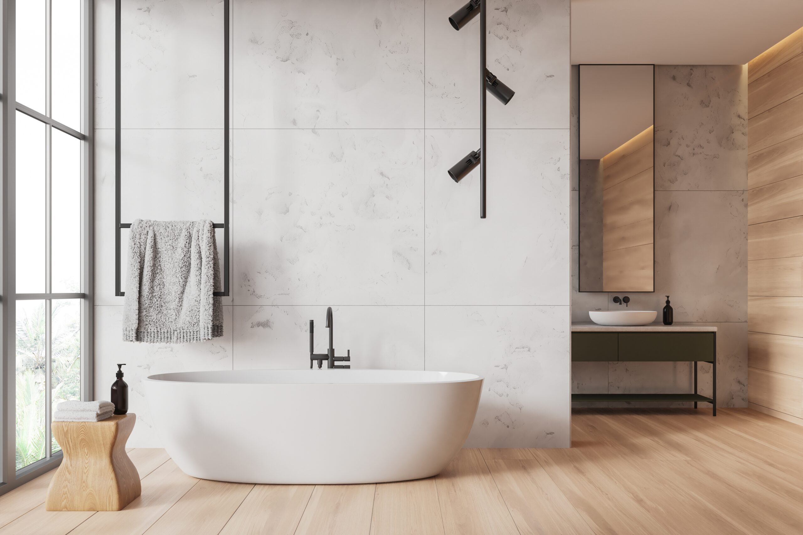 Interior,Of,Modern,Bathroom,With,White,Marble,And,Wooden,Walls,