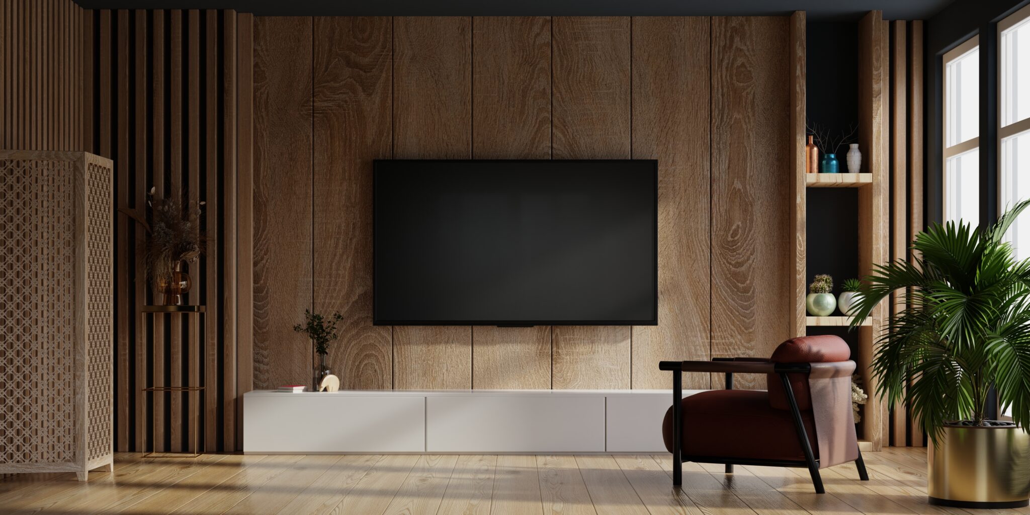 Tv,And,Cabinet,In,Modern,Living,Room,With,Decoration,On