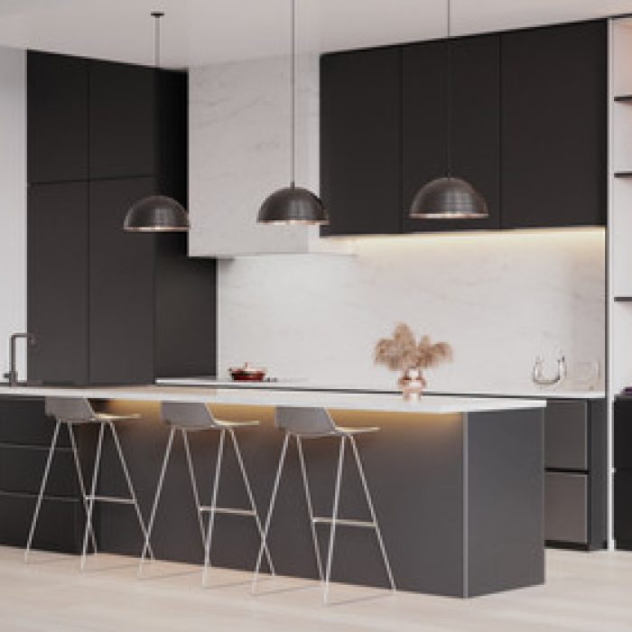 Beautiful Dark Gray KItchen woth White Quartz Hood and Glass Shelves (1)