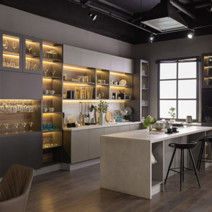 Beautiful Gray Kitchen with shelves and glass doors